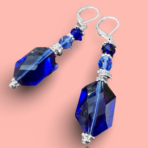 Hand Crafted Jewelry - artisan Cobalt Blue Faceted Glass Earrings